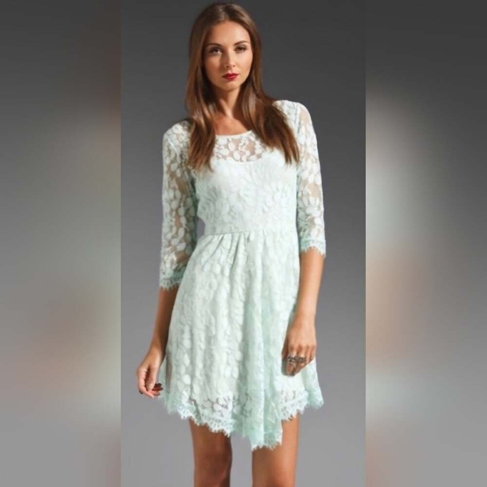 Free People Floral Mesh Lace Overlay 3/4 Sleeves Mint Mini Flare 4 Dress #1626